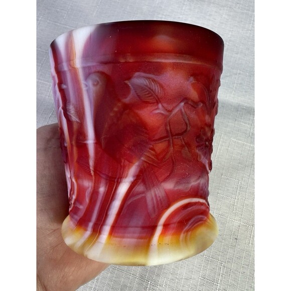 Imperial Glass End Of Day Slag Glass Mug Robins & Flowers Red Yellow White MINT - Picture 6 of 15